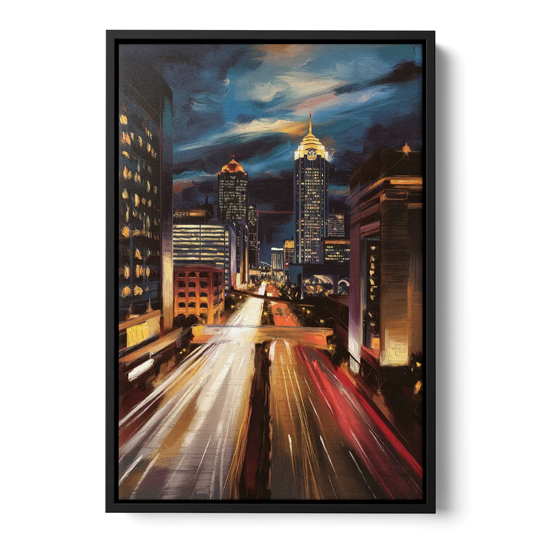 Atlanta Cityscape at Night Front - Black Canvas Wall Art