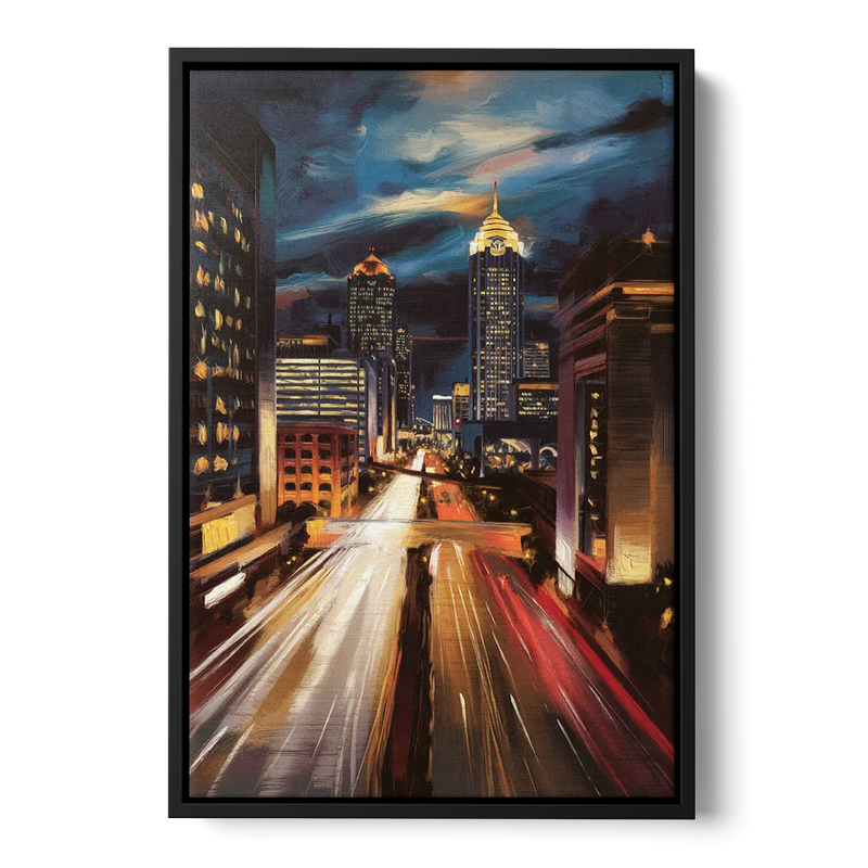 Atlanta Cityscape at Night Front - Black Canvas Wall Art
