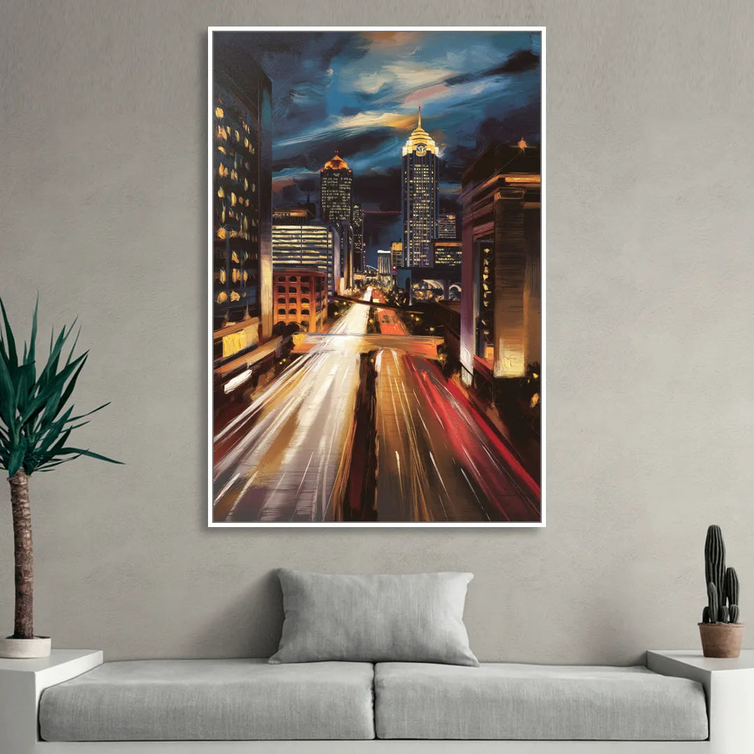 Atlanta Cityscape at Night Living Room - White Canvas Wall Art