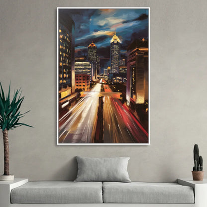 Atlanta Cityscape at Night Living Room - White Canvas Wall Art