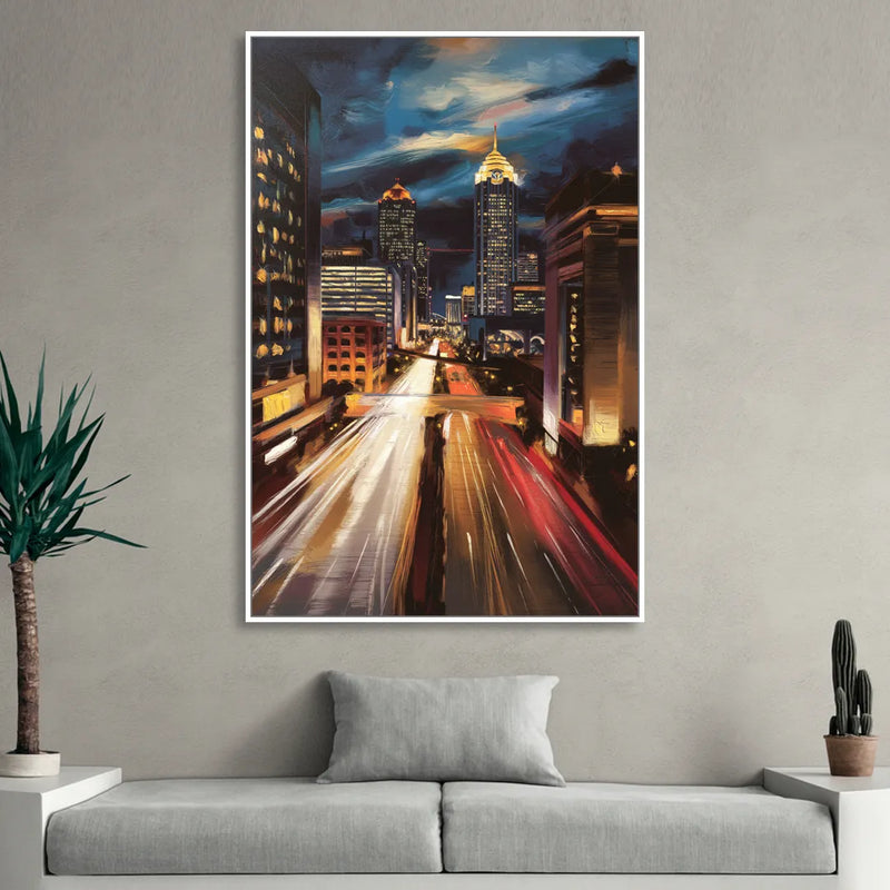 Atlanta Cityscape at Night Living Room - White Canvas Wall Art