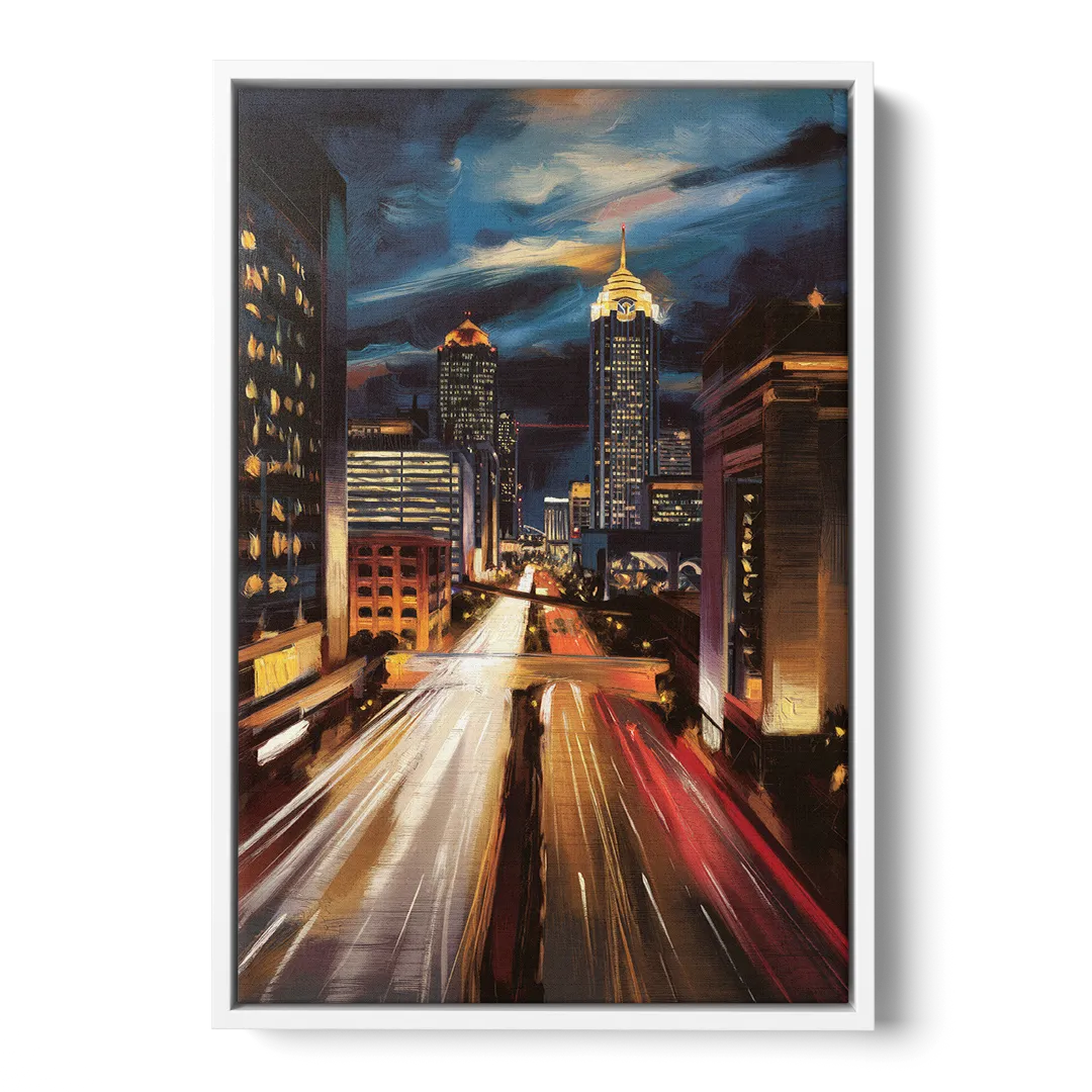 Atlanta Cityscape at Night Front - White Canvas Wall Art