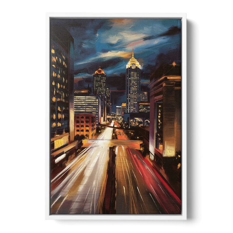 Atlanta Cityscape at Night Front - White Canvas Wall Art