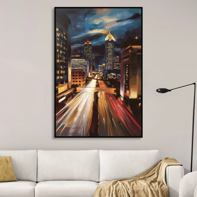 Atlanta Cityscape at Night Living Room - Black Canvas Wall Art
