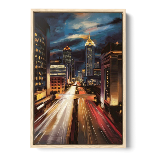 Atlanta Cityscape at Night - Oak Framed Canvas Wall Art - Front