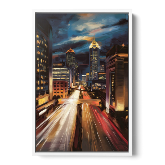 Atlanta Cityscape at Night - White Framed Canvas Wall Art - Front