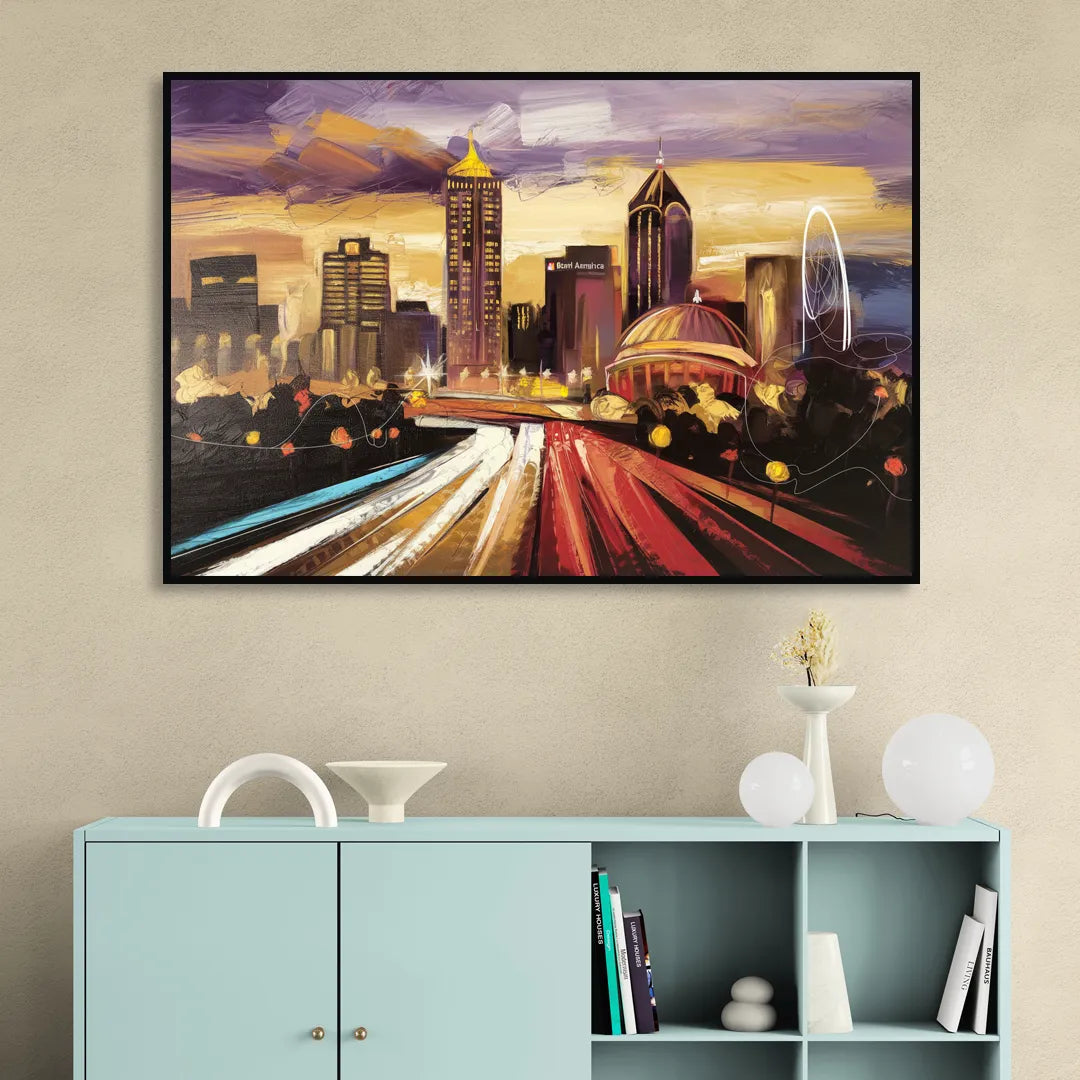 Atlanta Skyline With Georgia Dome Living Room - Black Canvas Wall Art
