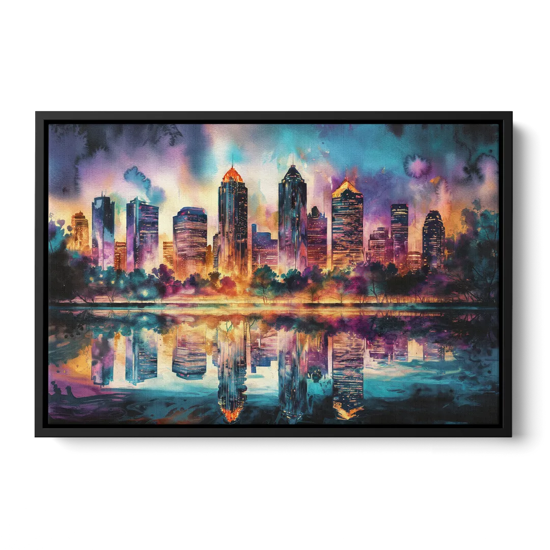 Atlanta Skyline With Reflection Front - Black Canvas Wall Art