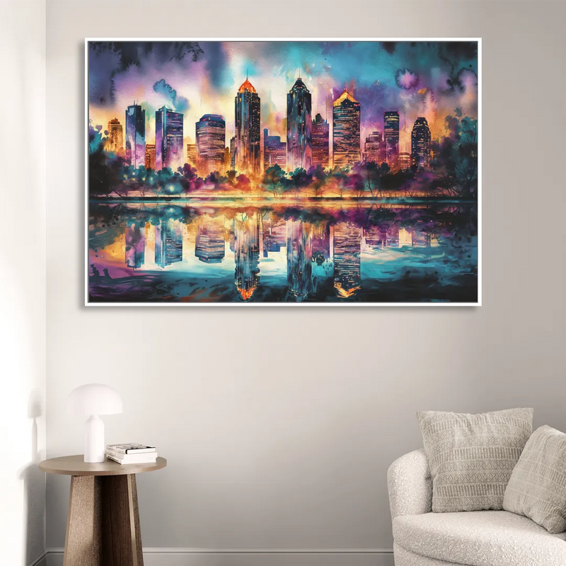 Atlanta Skyline With Reflection Living Room - White Canvas Wall Art