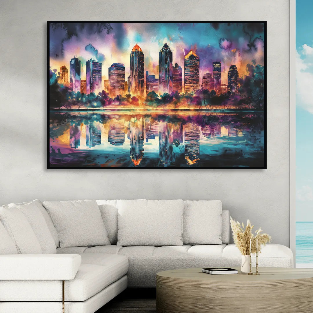 Atlanta Skyline With Reflection Sitting Room - Black Canvas Wall Art