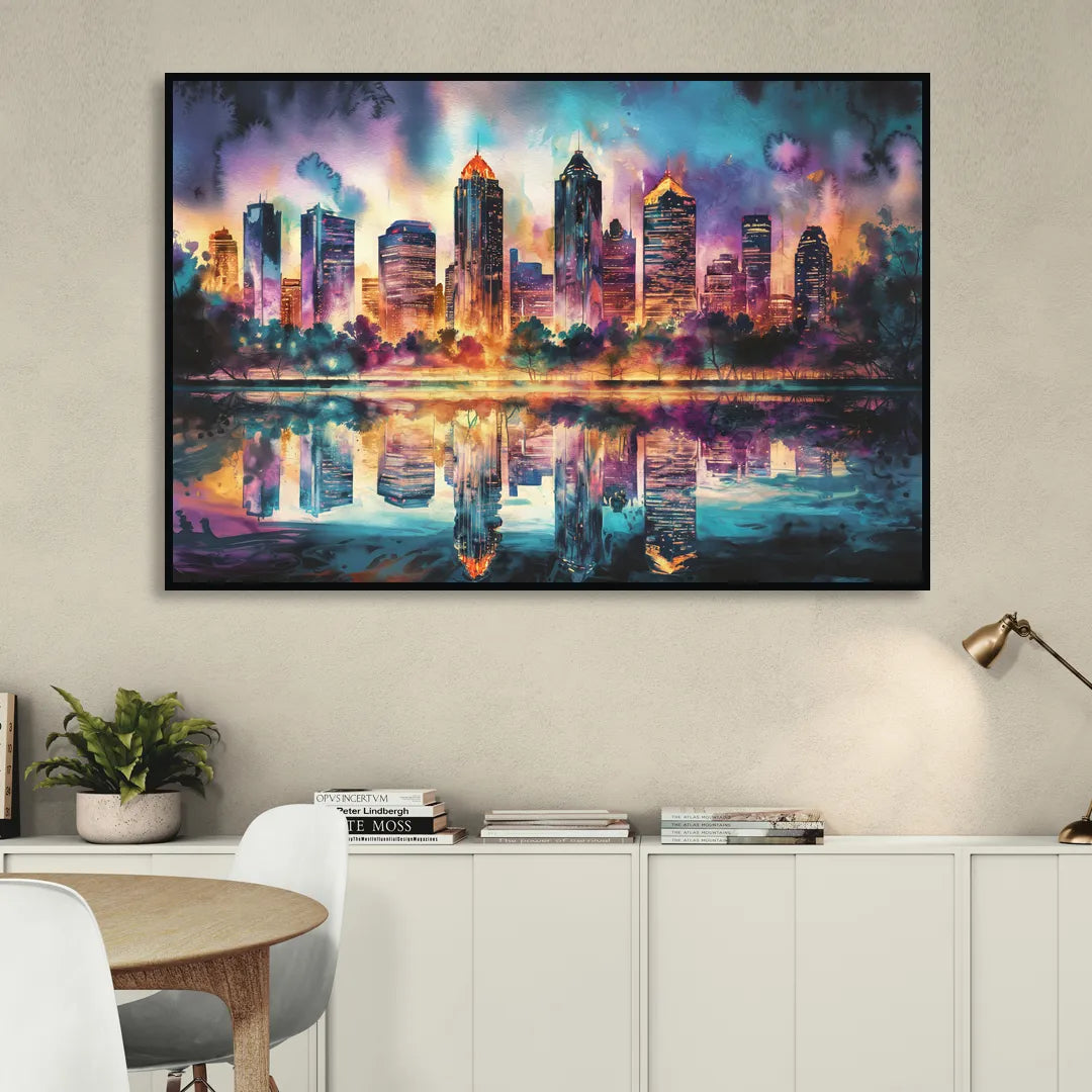 Atlanta Skyline With Reflection Living Room - Black Canvas Wall Art
