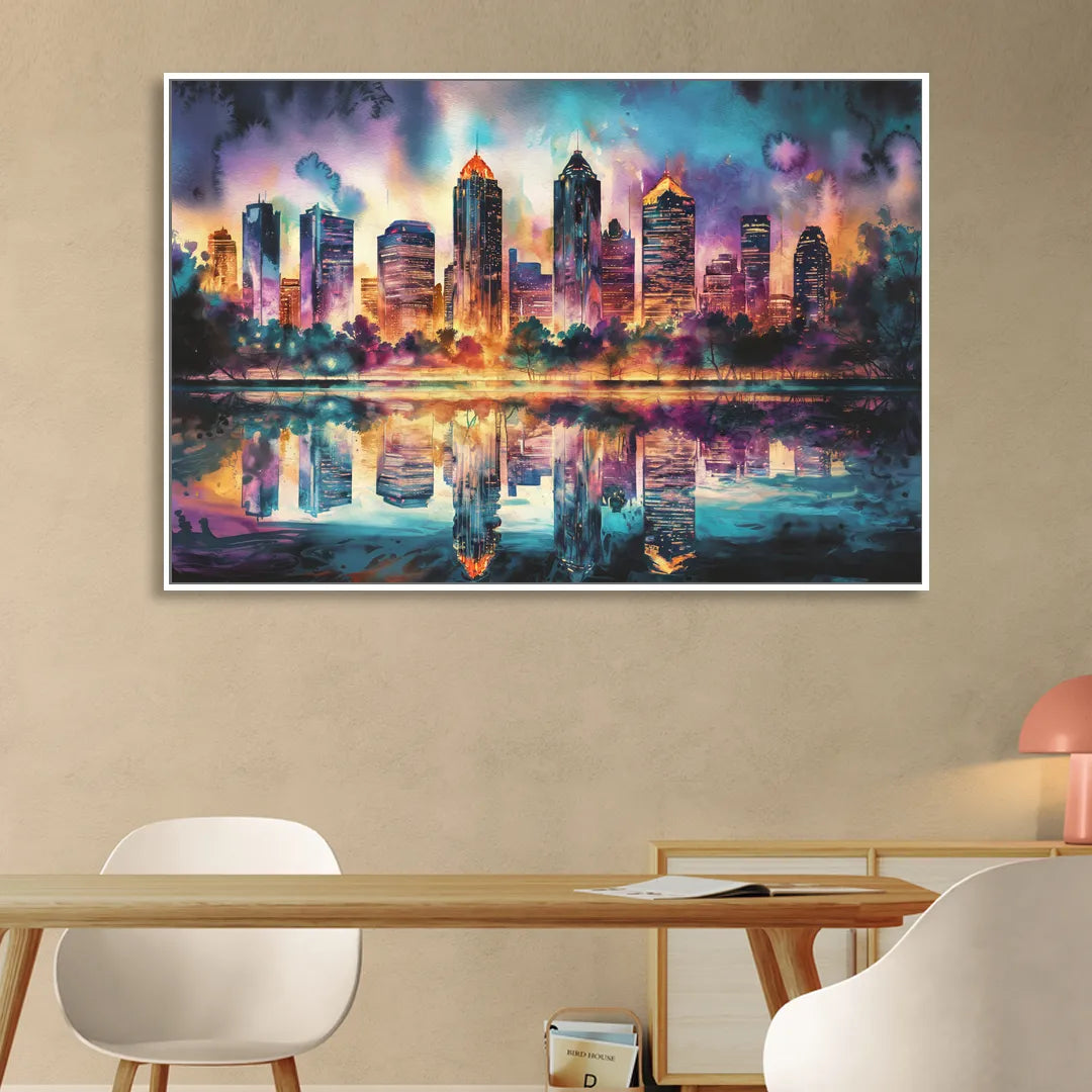Atlanta Skyline With Reflection Sitting Room - White Canvas Wall Art