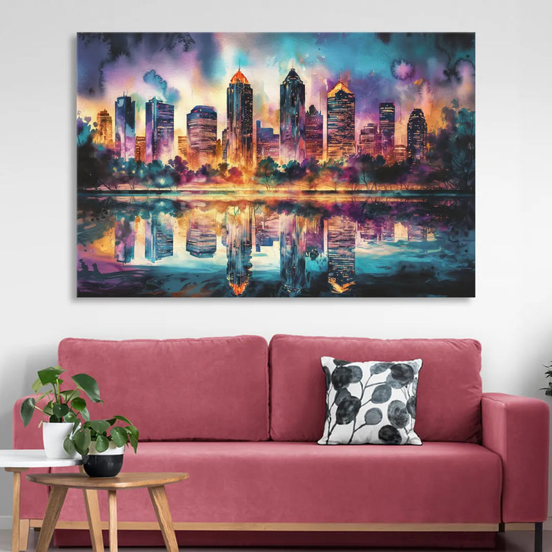Atlanta Skyline With Reflection Sitting Room - Canvas Wall Art
