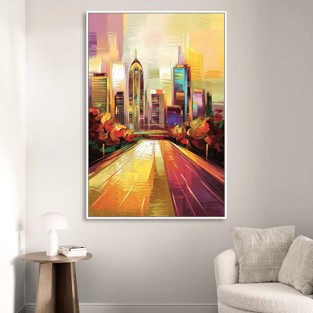 Atlanta Skyline and Peachtree Street Sitting Room - White Canvas Wall Art