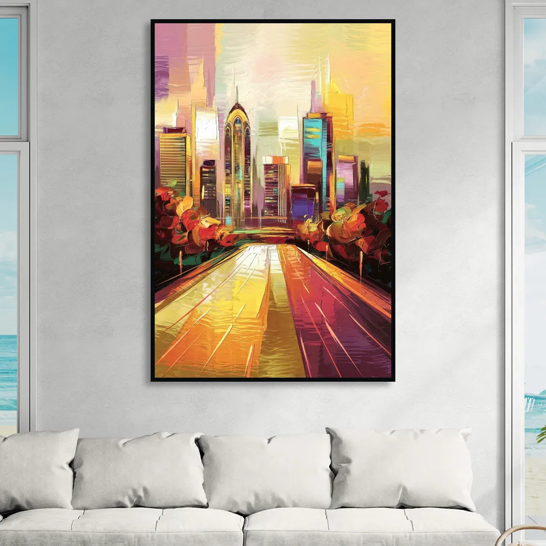 Atlanta Skyline and Peachtree Street Living Room - Black Canvas Wall Art