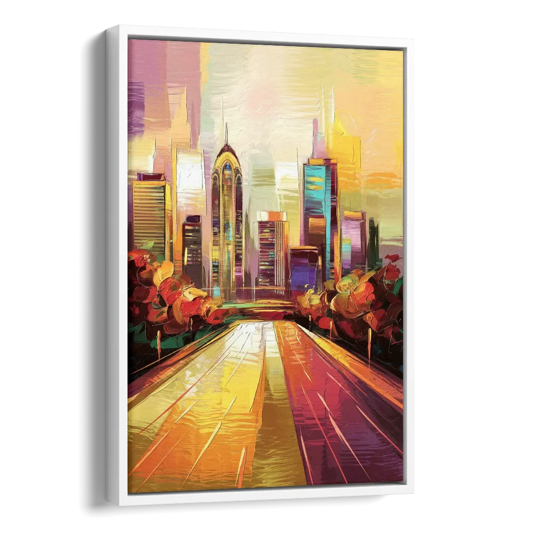 Atlanta Skyline and Peachtree Street Side - White Canvas Wall Art