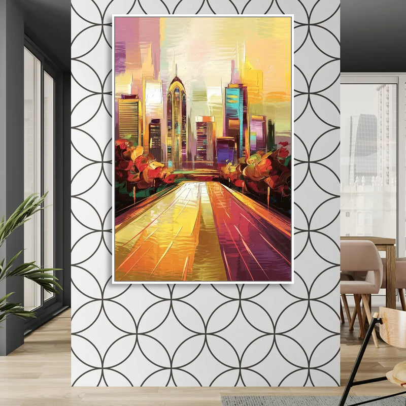 Atlanta Skyline and Peachtree Street Living Room - White Canvas Wall Art