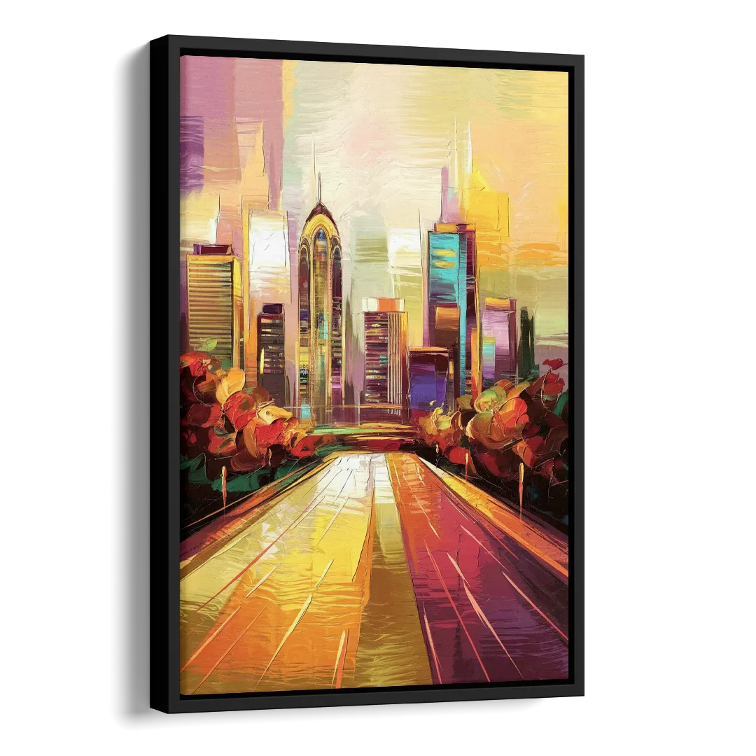 Atlanta Skyline and Peachtree Street Side - Black Canvas Wall Art