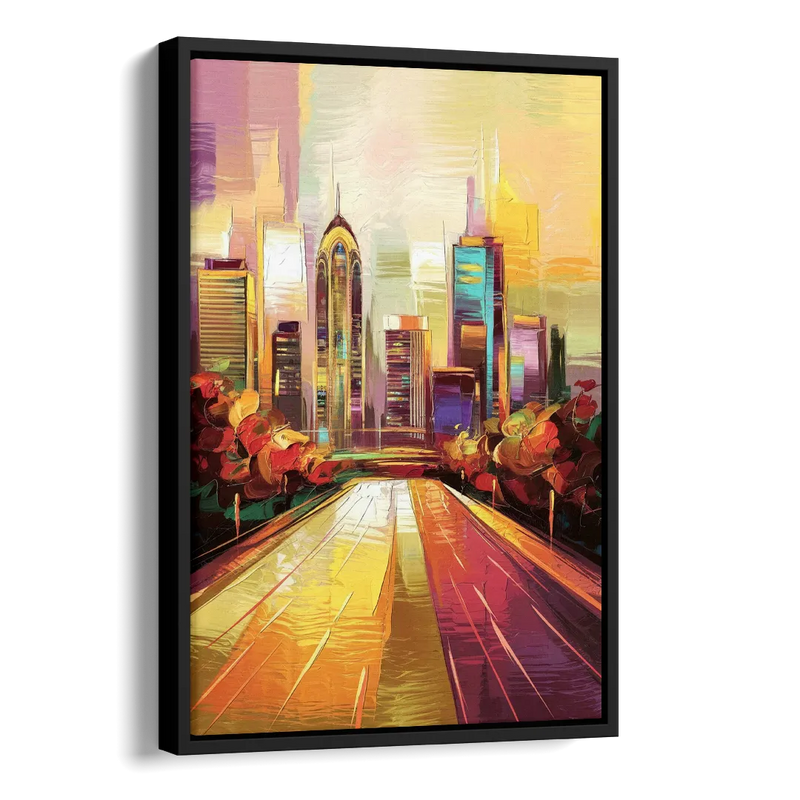 Atlanta Skyline and Peachtree Street Side - Black Canvas Wall Art