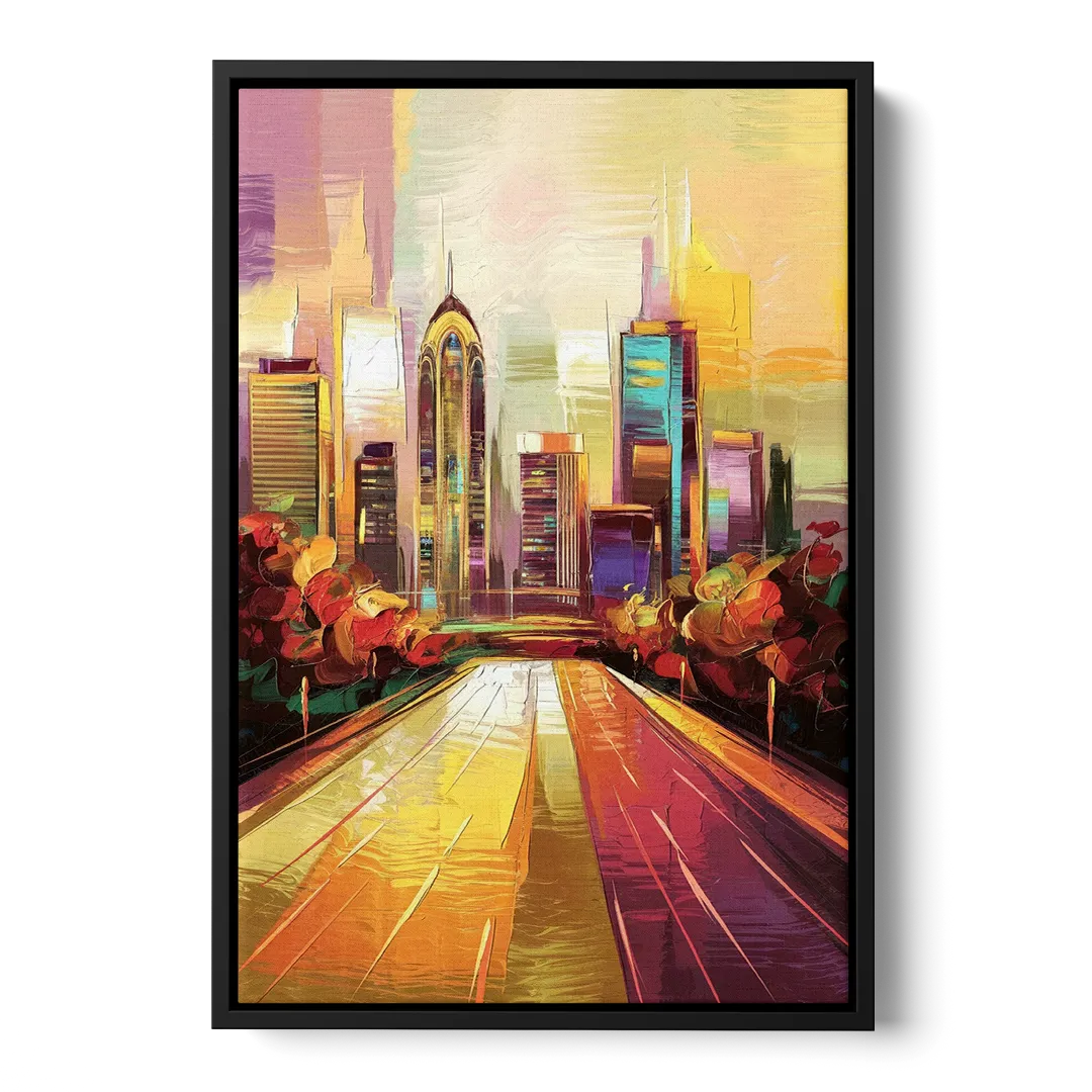 Atlanta Skyline and Peachtree Street Front - Black Canvas Wall Art