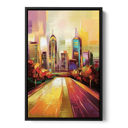 Atlanta Skyline and Peachtree Street Front - Black Canvas Wall Art
