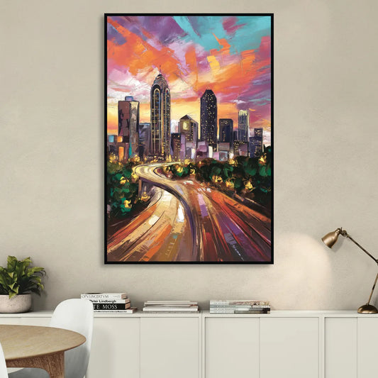 Atlanta Skyline at Sunset Living Room - Black Canvas Wall Art