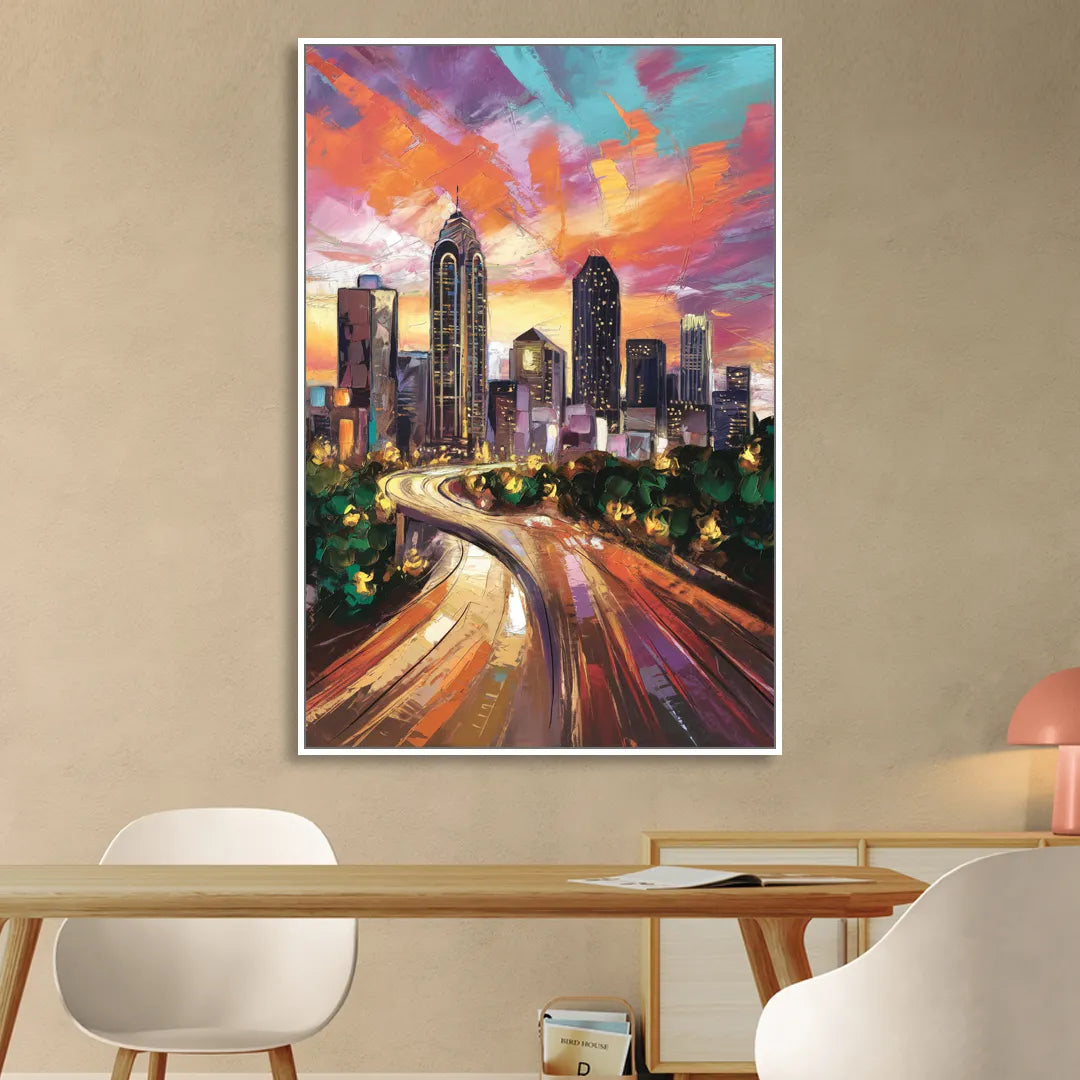 Atlanta Skyline at Sunset Sitting Room - White Canvas Wall Art