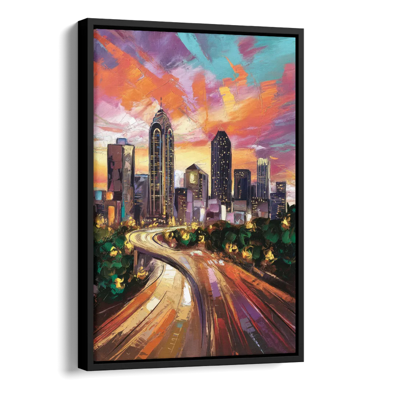 Atlanta Skyline at Sunset Side - Black Canvas Wall Art