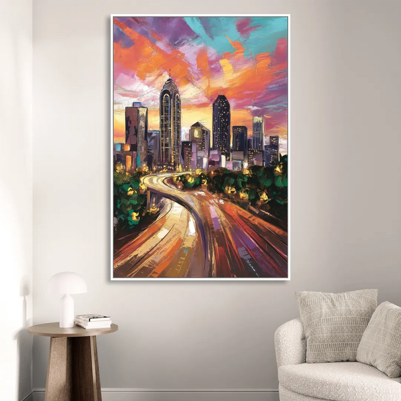 Atlanta Skyline at Sunset Living Room - White Canvas Wall Art