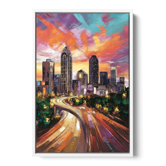 Atlanta Skyline at Sunset - White Framed Canvas Wall Art - Front