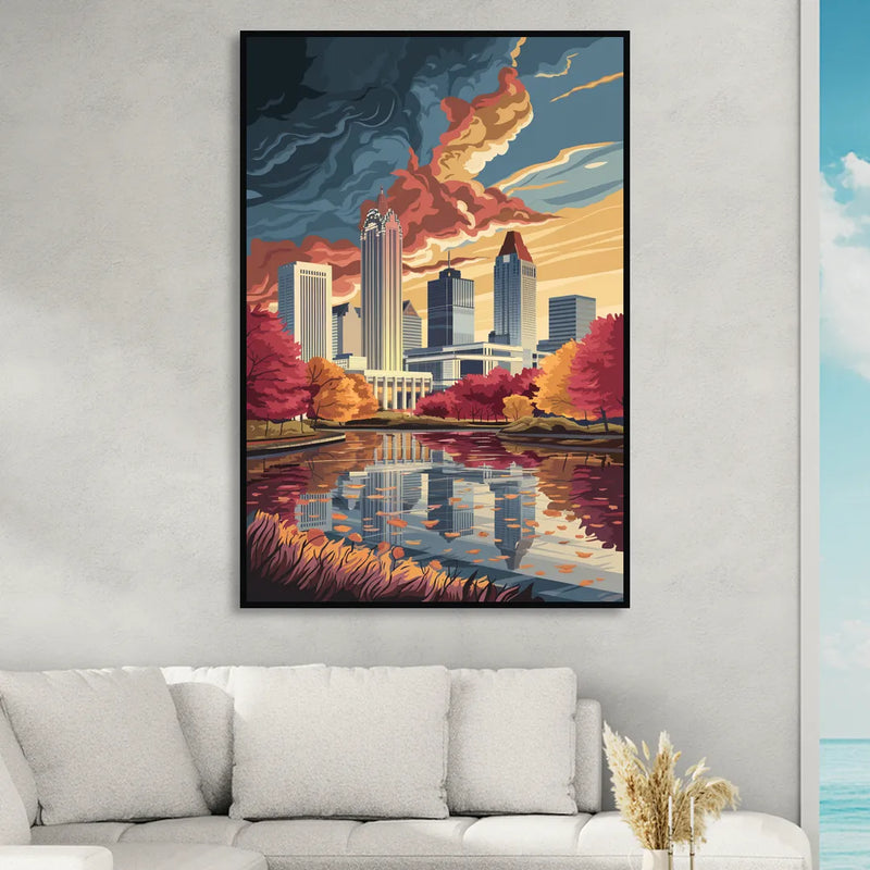 Atlanta Skyline in Autumn Living Room - Black Canvas Wall Art