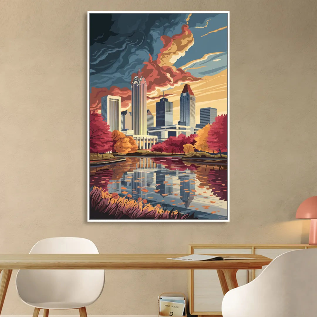 Atlanta Skyline in Autumn Living Room - White Canvas Wall Art