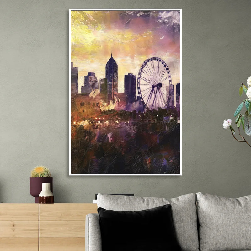 Atlanta Skyline with Ferris Wheel Sitting Room - White Canvas Wall Art