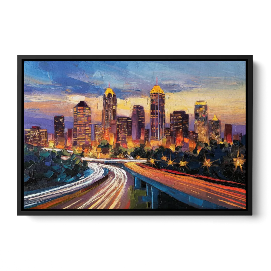 Atlanta Vibrant Downtown Scene Front - Black Canvas Wall Art