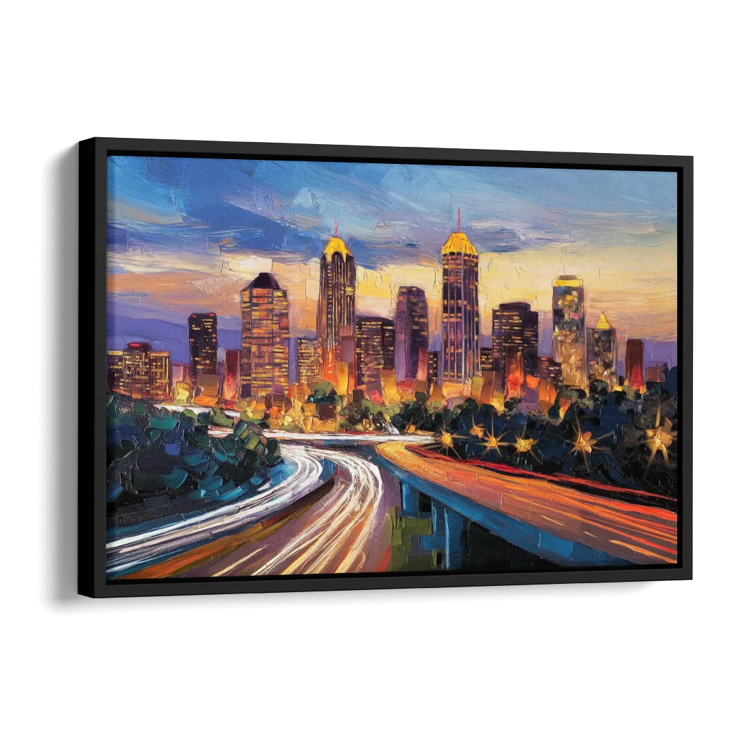 Atlanta Vibrant Downtown Scene Side - Black Canvas Wall Art
