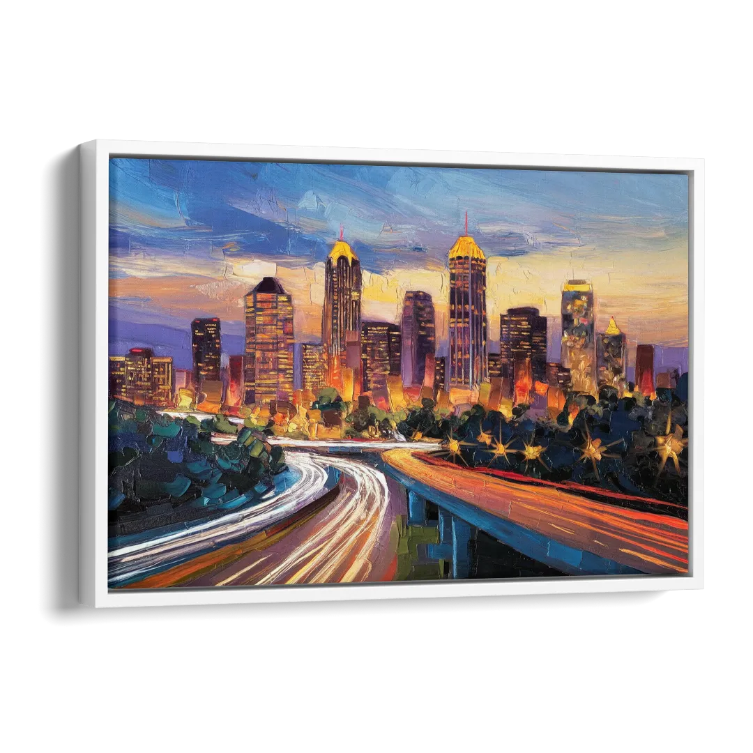 Atlanta Vibrant Downtown Scene Side - White Canvas Wall Art