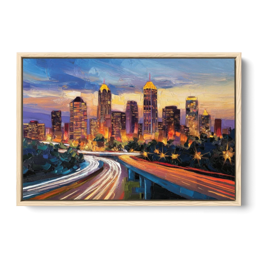 Atlanta Vibrant Downtown Scene - Oak Framed Canvas Wall Art - Front