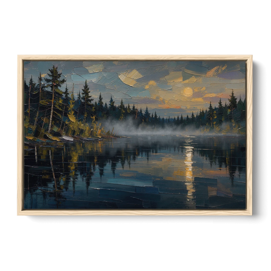 Atmospheric Landscape Painting of a Fogbound Lake - Oak Framed Canvas Wall Art - Front