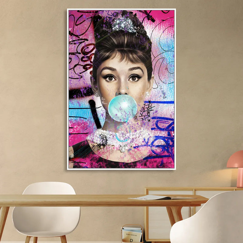 Audrey Bubble Gum Living Room - White Canvas Wall Art