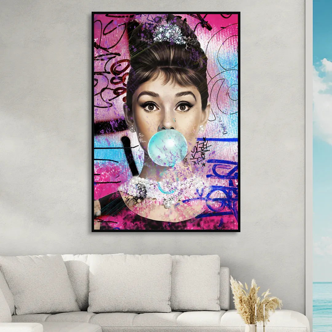 Audrey Bubble Gum Living Room - Black Canvas Wall Art