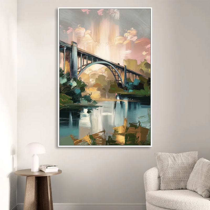 Augusta Iconic Bridge View Living Room - White Canvas Wall Art