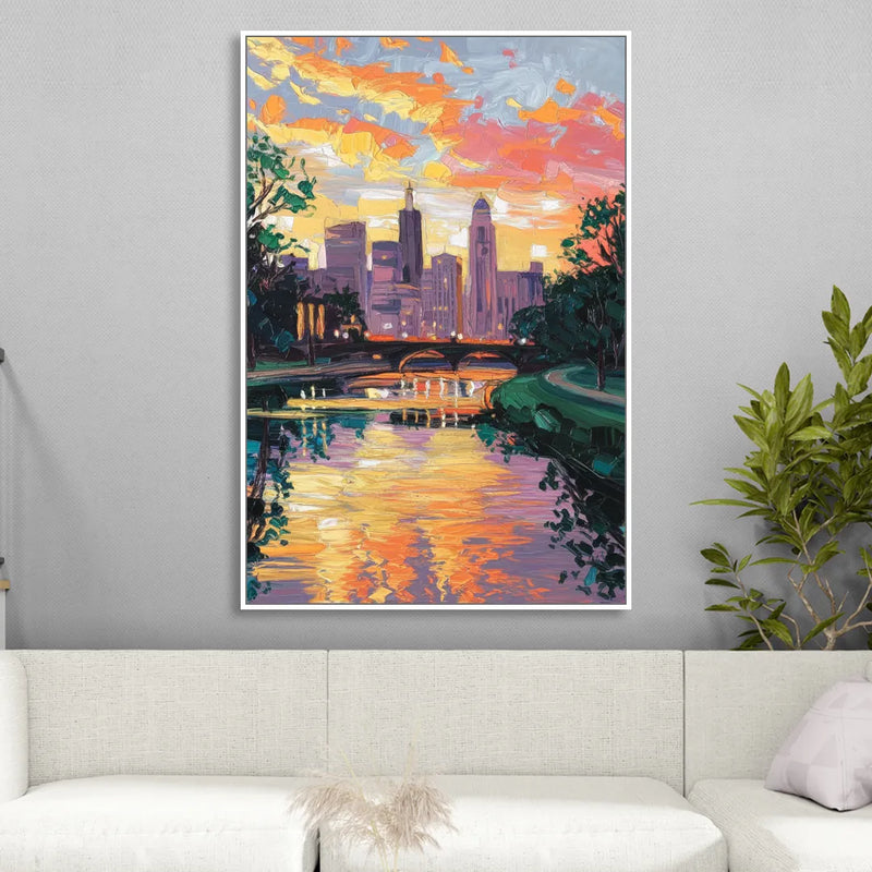 Augusta Sunset Over Skyline Sitting Room - White Canvas Wall Art