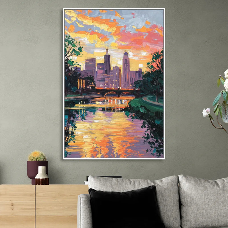 Augusta Sunset Over Skyline Living Room - White Canvas Wall Art