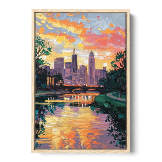 Augusta Sunset Over Skyline - Oak Framed Canvas Wall Art - Front