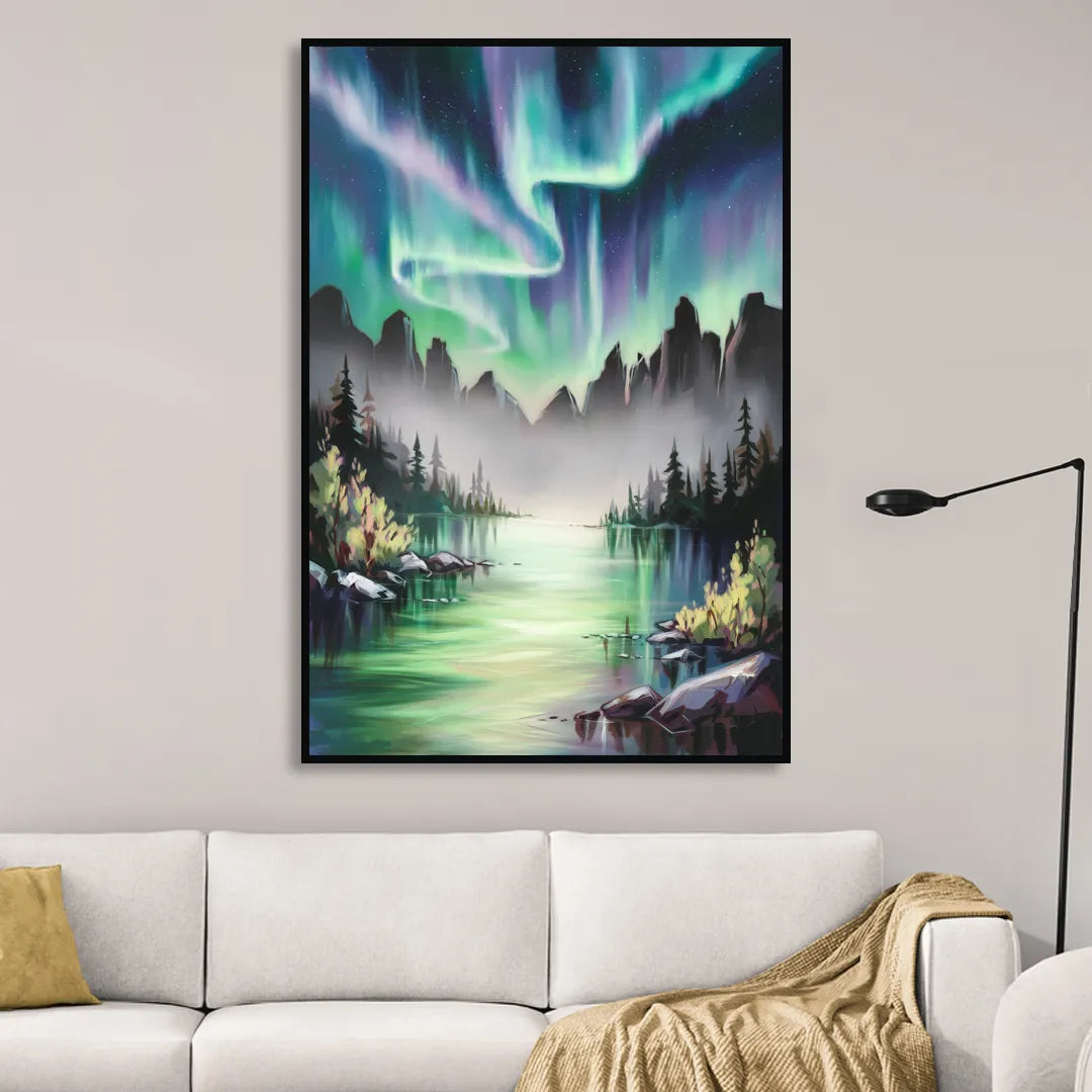 Aurora Borealis Landscape Living Room - Black Canvas Wall Art