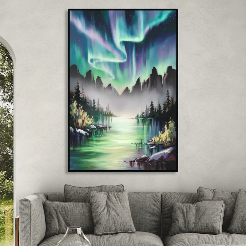 Aurora Borealis Landscape Sitting Room - Black Canvas Wall Art