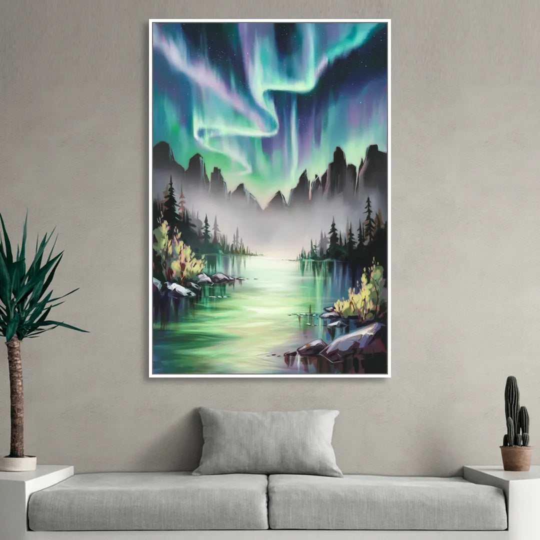 Aurora Borealis Landscape Living Room - White Canvas Wall Art