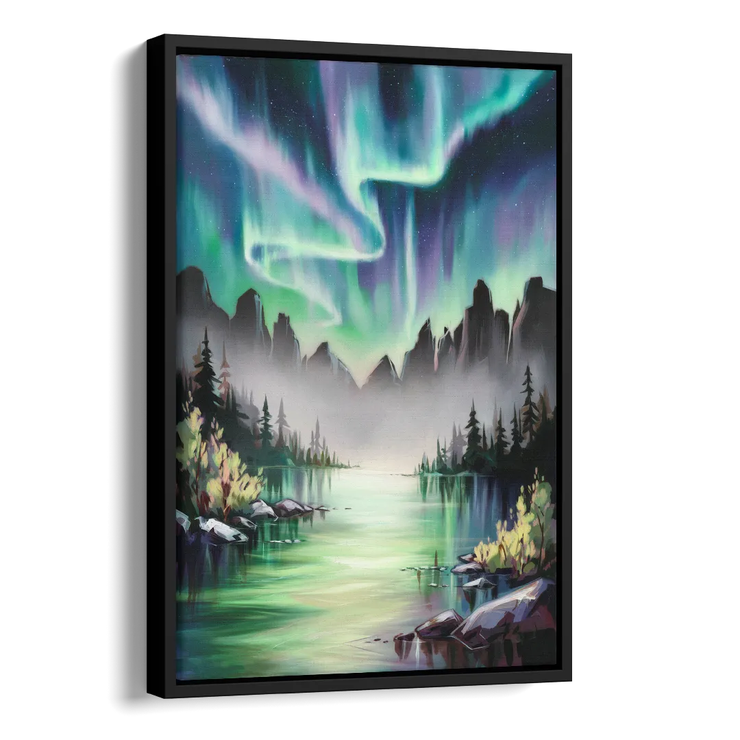 Aurora Borealis Landscape Side - Black Canvas Wall Art