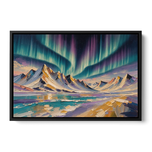 Aurora Borealis Painting Over Jagged Peaks - Black Framed Canvas Wall Art - Front