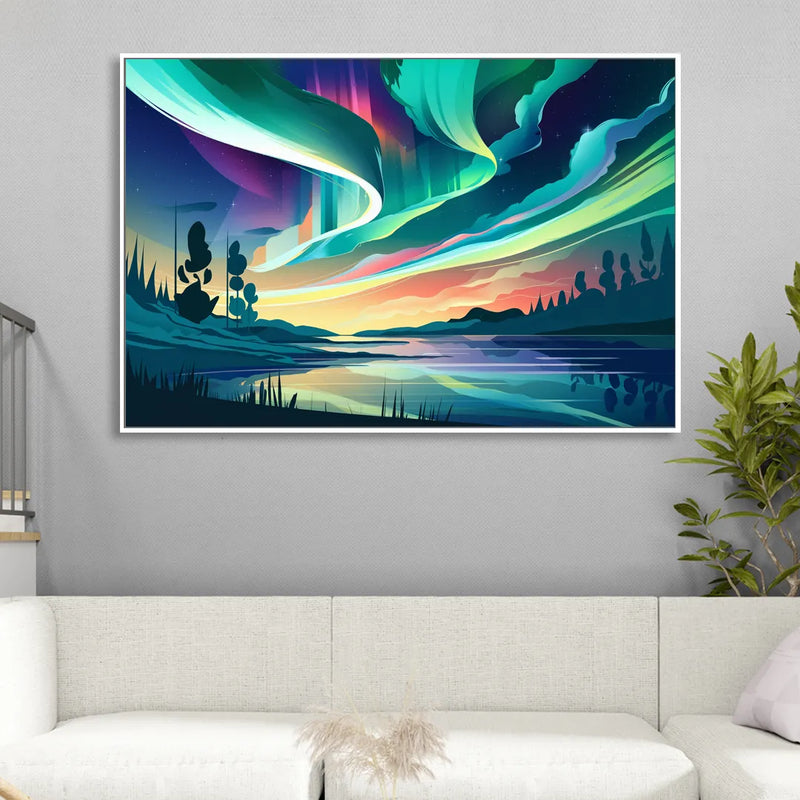 Aurora Borealis Sky Living Room - White Canvas Wall Art